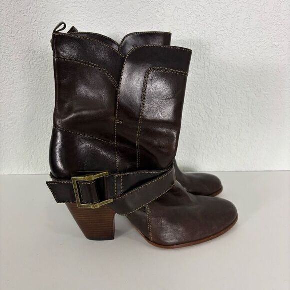 Frye Brown Leather Andrea Mid Calf Heeled Booties - Picture 3 of 10
